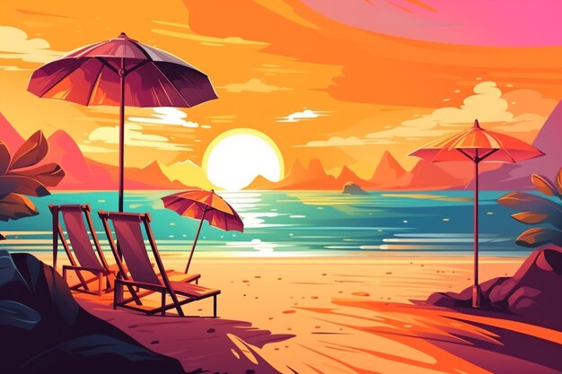 A colorful beach scene with a beach chair and umbrellas.