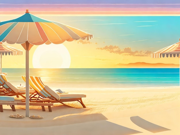 A colorful beach scene with a beach umbrella and a beach chair.