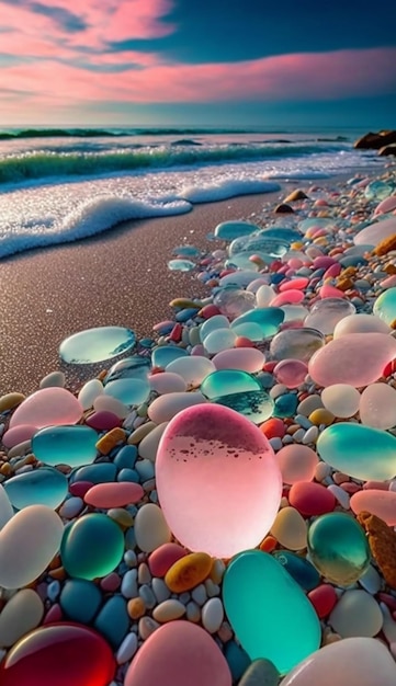 A colorful beach scene with a pink and blue glass egg on the beach.