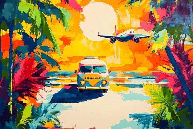 Photo colorful beach scene with a retro van vibrant tropical sunset palm trees seashells