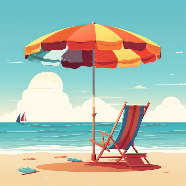 A colorful beach scene with an umbrella and a chair on the beach.