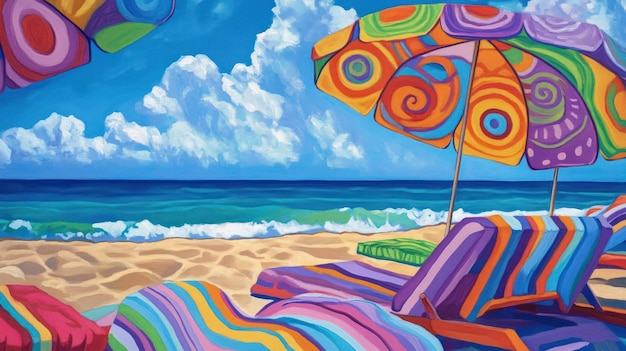 Photo colorful beach scene with umbrellas and lounge chairs