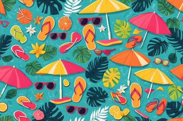 Photo a colorful beach scene with umbrellas sunglasses and flip flops