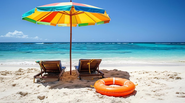 A colorful beach umbrella casting shade over two lounge chairs on pristine beach sand