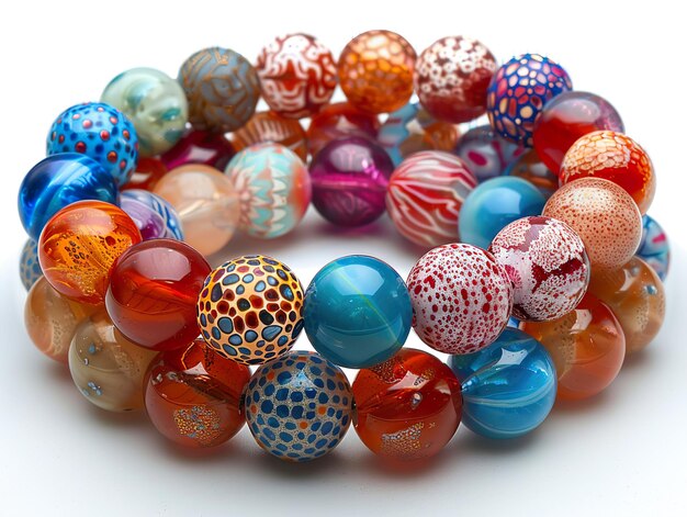 a colorful bead of glass beads sits on a table