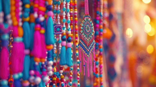 Colorful beaded curtains and dreamcatcher in a vibrant market