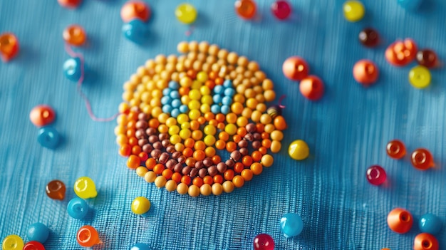 Colorful beaded smiling face on textured blue surface