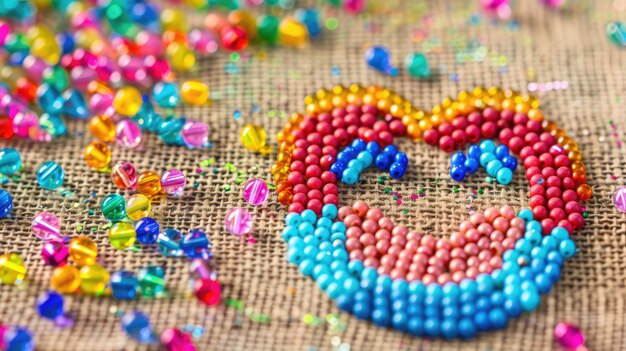 Colorful beads arranged in heart shape on burlap with scattered around vibrant and creative pattern