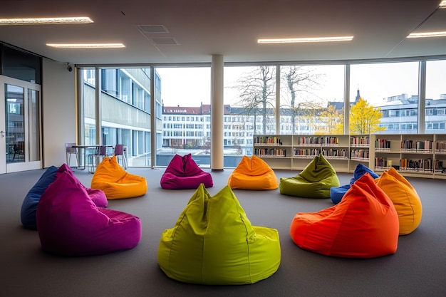 Photo colorful bean bags arranged in a modern bright learning space