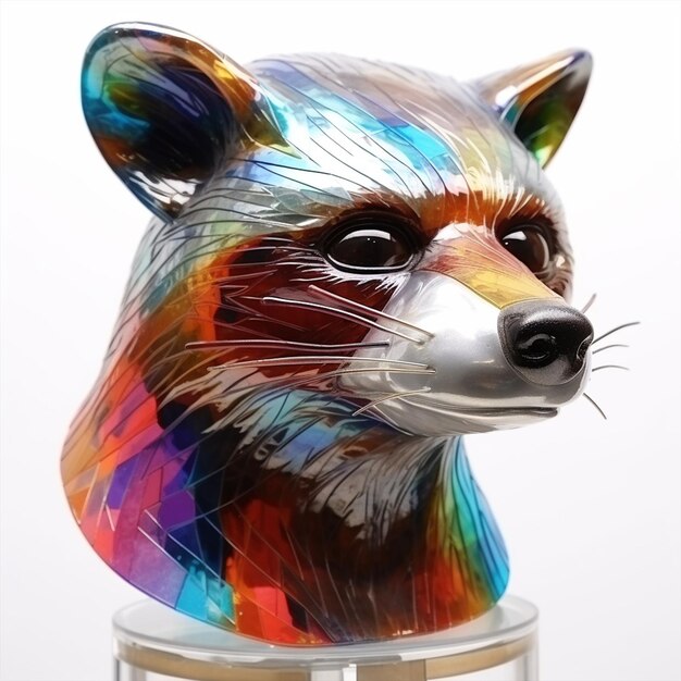 A colorful bear head is on a stand.