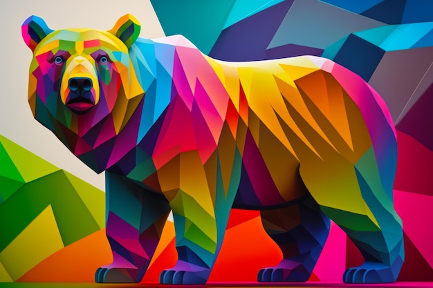 Colorful bear is standing in front of wall of multicolored shapes Generative AI