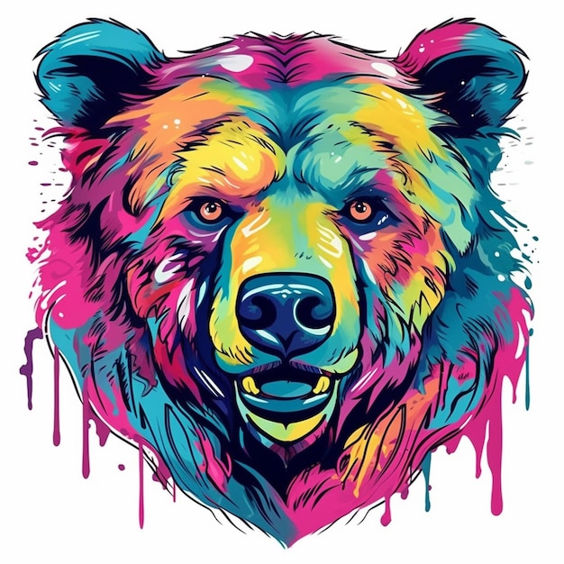 A colorful bear with a dripping face on a white background generative ai