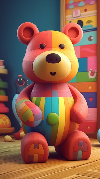 A colorful bear with a rainbow colored body sits in front of a stack of toys.