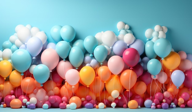 Colorful beautiful balloons in the studio on a blue background and with empty space for text