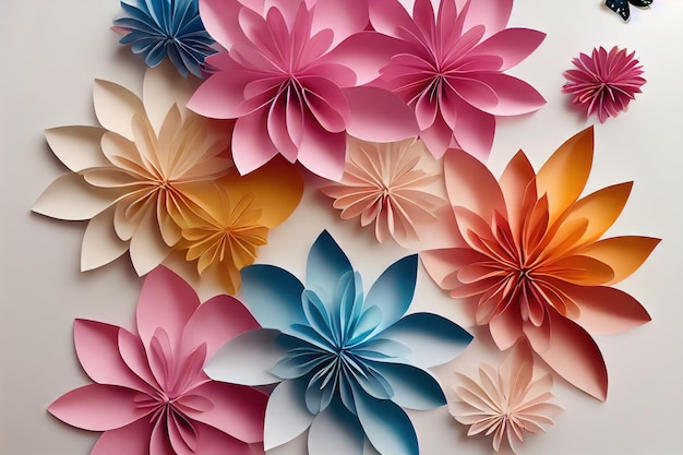 Colorful beautiful flowers made of paper on white background