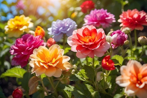 Colorful beautiful multicolored flowers Znnia spring summer in Sunny garden in sunlight nature