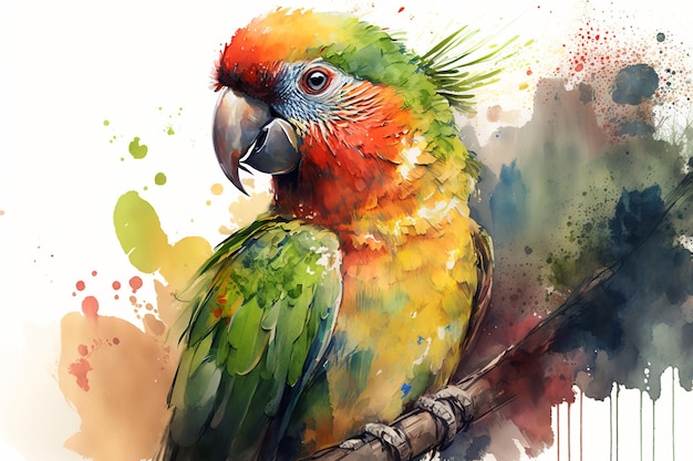 Colorful beautiful parrot on a branch watercolor illustration Generative AI