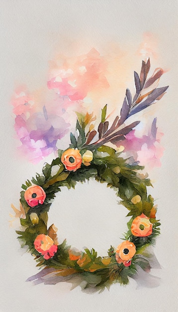 Colorful beauty Watercolor Christmas wreath with watercolor hand drawn elementsChristmas tree branches and white berriesisolated on white backgroundFrame invitationsgreeting cardsBoho lifestyle