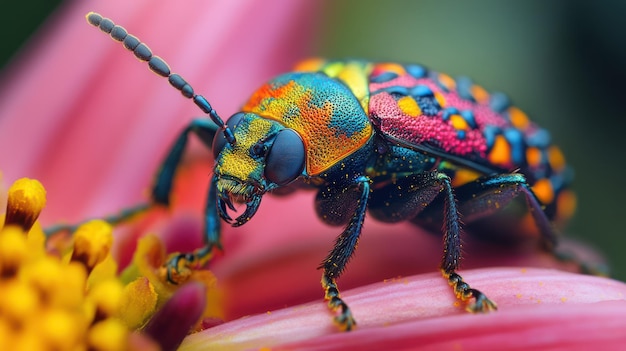 Photo a colorful beetle on a pink flower