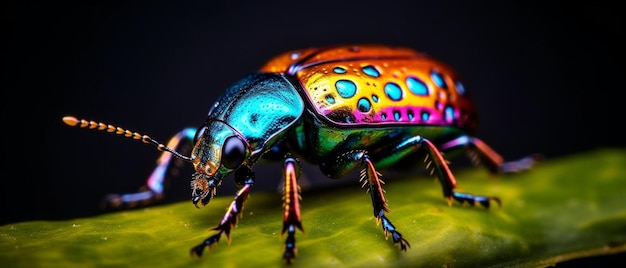 a colorful beetle sitting on top of a green leaf