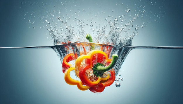 Colorful Bell Pepper Slices Splashing Into Water