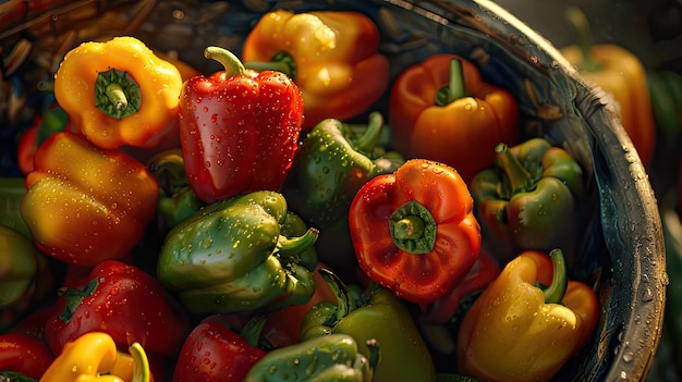 Photo colorful bell peppers in a basket selective focus