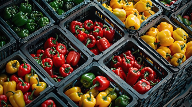 Colorful Bell Peppers in Black Crates Fresh Harvested Red Yellow and Green Peppers in Market Display