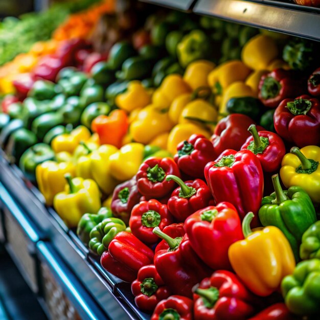 Photo colorful bell peppers and fresh vegetables displayed in grocery store produce section