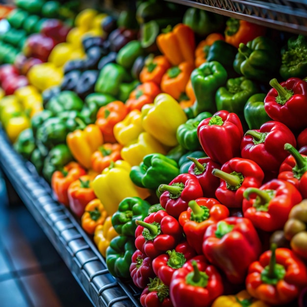 Photo colorful bell peppers and fresh vegetables displayed in grocery store produce section