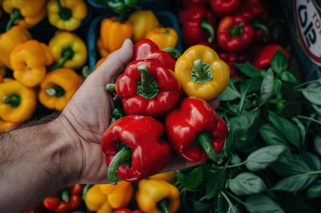 Colorful Bell Peppers Held by Hand in Closeup View with Vibrant Display