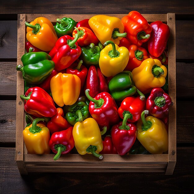 Colorful bell peppers packed in a wooden basket on the table