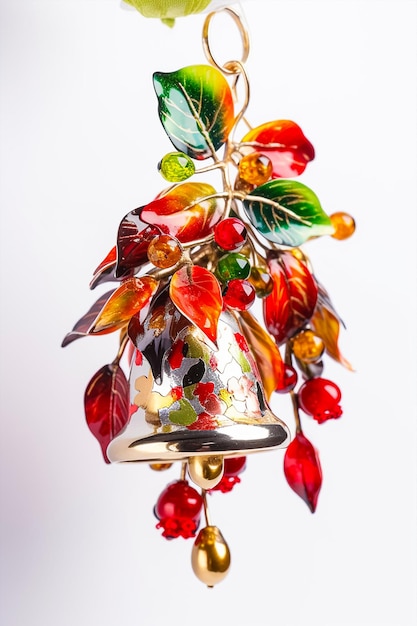 A colorful bell with red berries and leaves on it