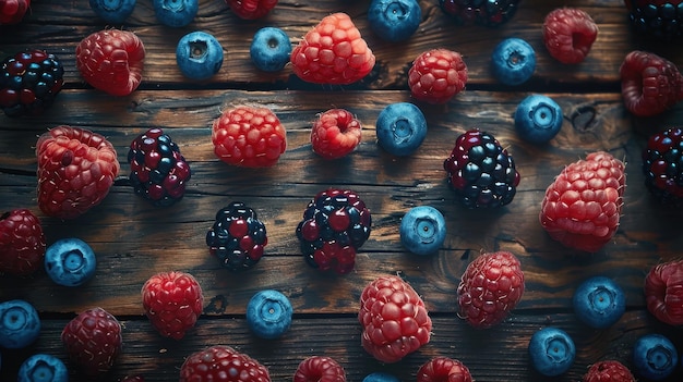 Photo colorful berries artfully arranged on rustic wooden table in natural light during late afternoon