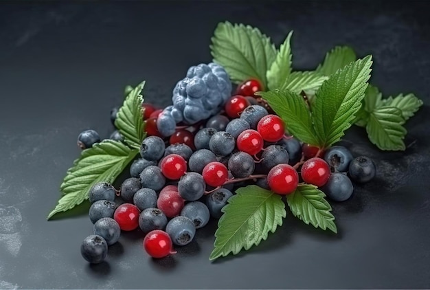 colorful berries with mint leaves on a gray background