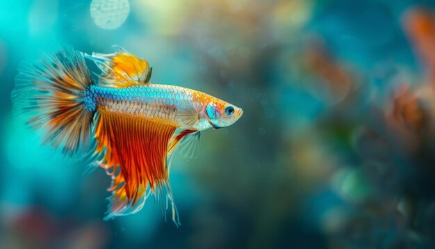 A Colorful Betta Fish Swims in a Blurred Aqua Background