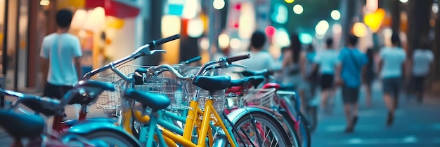 Colorful bicycles line busy urban street