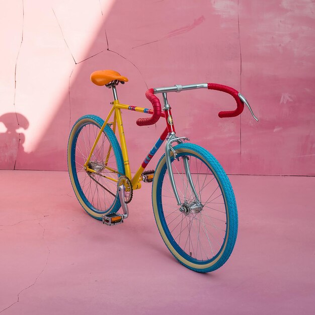 Photo a colorful bike with a red handlebars sits on a pink background