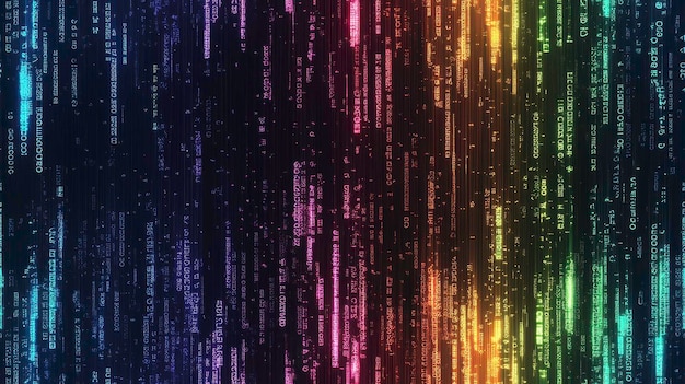 Photo colorful binary code raised high with vibrant rainbow lights in a minimalist digital aesthetic