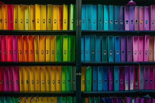 Colorful binders neatly arranged on shelves