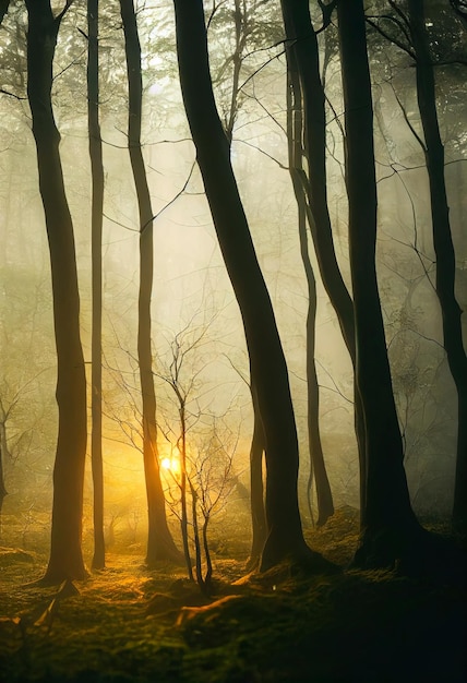 Colorful bioluminescence plants in forest epic landscape in background hazy planet in the sky