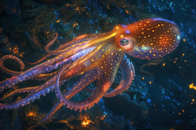 Photo colorful bioluminescent octopus in deep sea