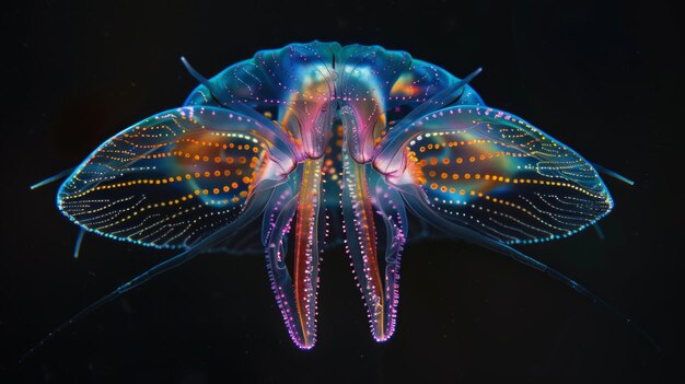 Photo colorful bioluminescent sea creature in the deep ocean vivid light patterns against dark background underwater life and marine biology theme perfect for nature blogs or educational use ai