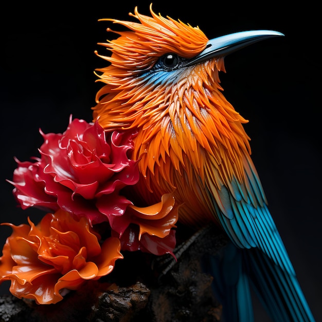 Photo colorful bird on a black background with red and orange flowers