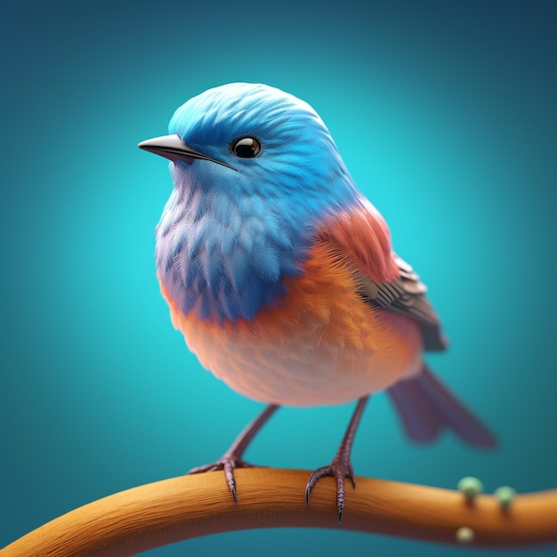 a colorful bird on a branch with a blue background.