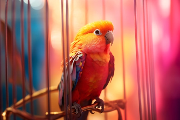 a colorful bird in a cage