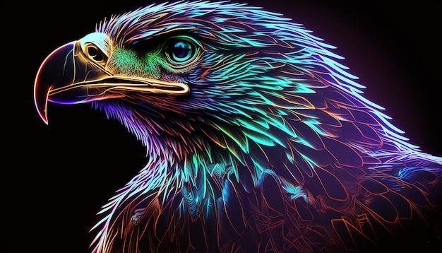 Colorful bird eagle head glowing neon Created Using Midjourney