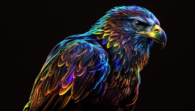 Colorful bird eagle head glowing neon Created Using Midjourney