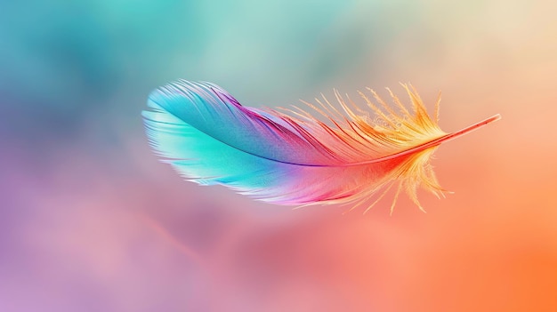 A colorful bird feather gracefully floats through the air a soft gradient background Aesthetic desig