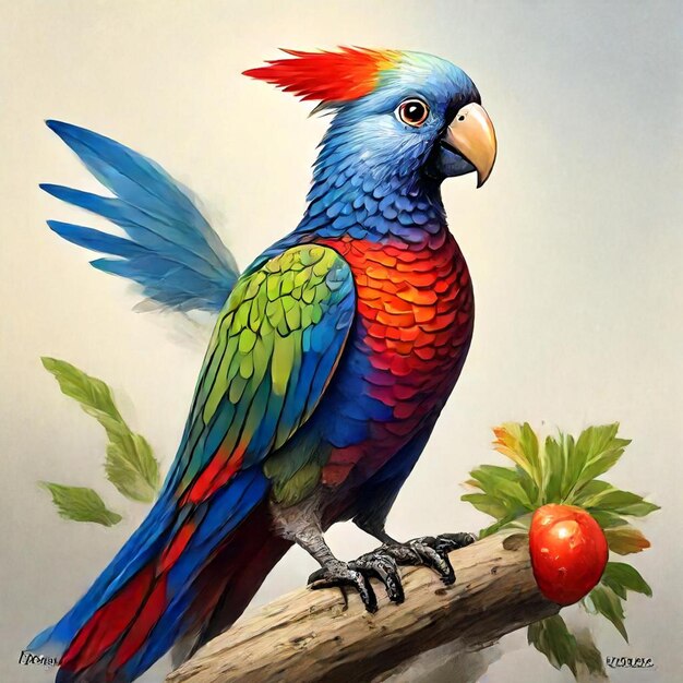 a colorful bird is on a branch with a red apple