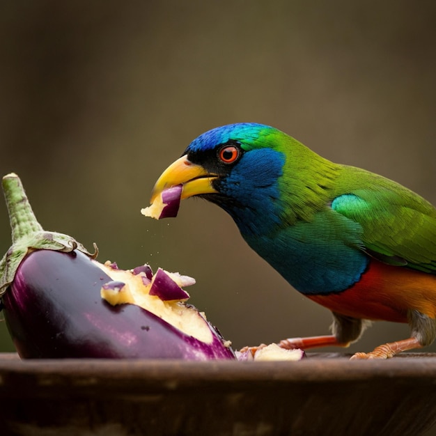 Photo a colorful bird is eating a purple onion